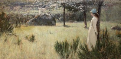Mladá pastýřka a její koza na jarní pastvě od Edwin Sherwood Calvert