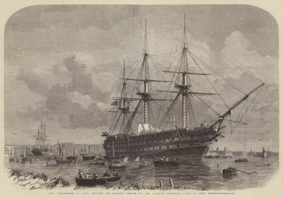 HMS Agamemnon, 91 Guns, přepravující anglickou část atlantického podmořského kabelu ve východním Greenwichi od Edwin Weedon