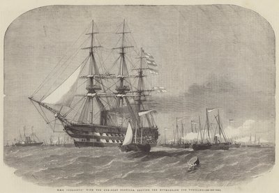 HMS Colossus s flotilou dělových člunů odplouvá z Motherbank do Portlandu od Edwin Weedon