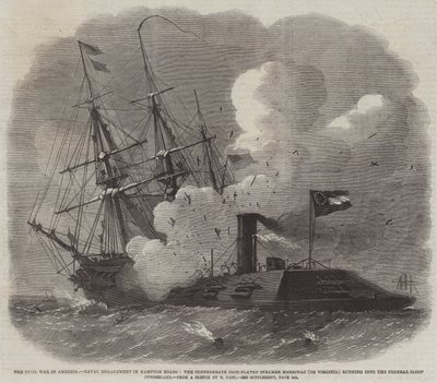 Občanská válka v Americe, námořní angažmá v Hampton Roads, konfederační železný parník Merrimac (nebo Virginie) vjíždějící do federální šalupy Cumberland od Edwin Weedon