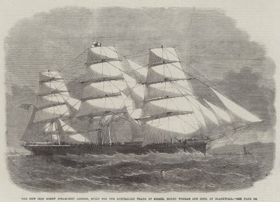 The New Iron Screw Steam-Ship London, postavená pro australský obchod společností Messers Money Wigram and Sons, v Blackwallu od Edwin Weedon
