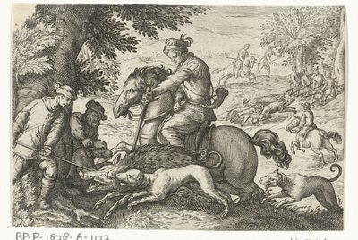Kopcovitá krajina s lovem divočáků Lovecké scény (název série) Icones Venantum Species Varias Representantes (název série) od Egbert Jansz.