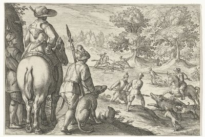 Krajina s lovem divočáků Lovecké scény (název série) Icones Venantum Species Varias Representantes (název série) od Egbert Jansz.