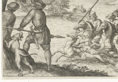 Říční krajina s lovem jelenů Lovecké scény (název série) Icones Venantum Species Varias Representantes (název série) od Egbert Jansz.