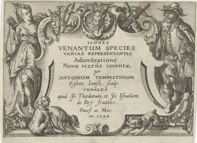 Titulní tisk pro sérii s loveckými scénami Lovecké scény (název série) Icones Venantum Species Varias Representantes (název série na objektu) od Egbert Jansz.