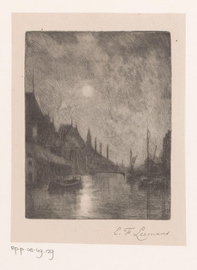 Pohled na řeku ve městě v noci od Egide François Leemans (signed by artist)