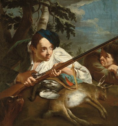 Lovci odpočívající s mrtvou zvěří v lesnaté krajině, asi 1705-84 (olej na plátně) od Egidio (attr.to) Dall