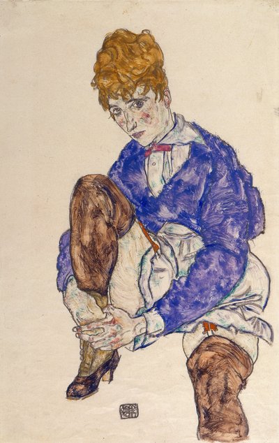 Portrét umělcovy ženy vsedě, držící si pravou nohu od Egon Schiele