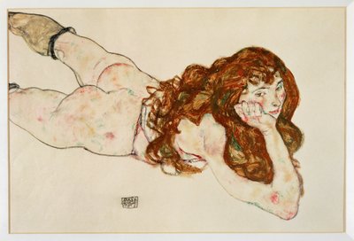 Ženský akt ležící na břiše - Akt na ... (kvaš a černá pastelka) od Egon Schiele