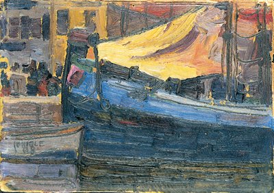 Ukotvené lodě se zdí domu v pozadí, 1908 od Egon Schiele