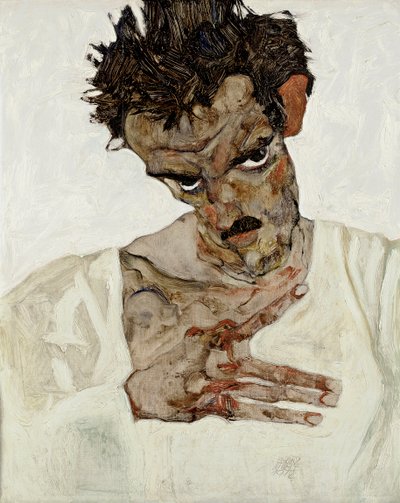Autoportrét se sklopenou hlavou. Obraz Egona Schieleho (1890-1918), olej na dřevě od Egon Schiele