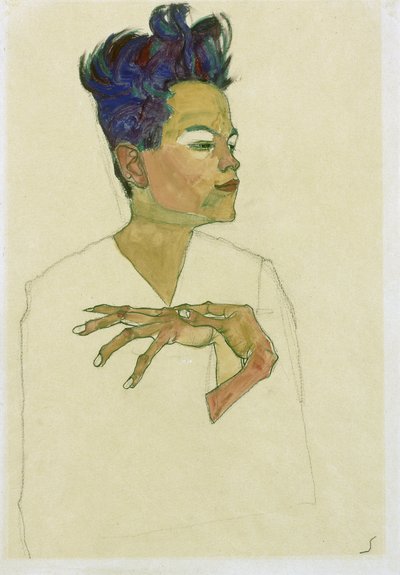 Autoportrét s rukama na hrudi. (Autoportrét s rukama na hrudi). Dílo Egona Schieleho (1890-1918), akvarel a křída na papíře od Egon Schiele