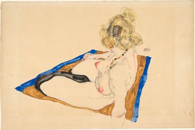 Blonďatý akt sedící na hnědém koberci s modrým okrajem, 1912. od Egon Schiele