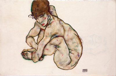Krčící se nahá dívka - Schiele, Egon (1890-1918) - 1914 - Černá křída, Kvaš na papíře - 31,5x48,2 - Leopold Museum, Vídeň od Egon Schiele