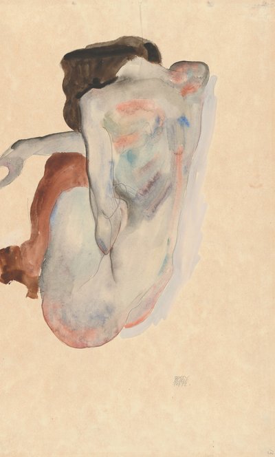 Krčící se akt v botách a černých punčochách, pohled zezadu, 1912. od Egon Schiele