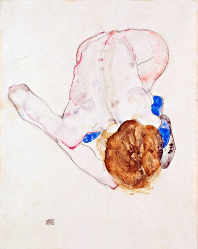 Nahá žena v modrých punčochách, předkloněná - Kvaš na papíře od Egona Schieleho (1890-1918) od Egon Schiele