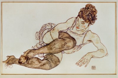 Žena s hnědými punčochami - Žena ... (kvaš a černá pastelka) od Egon Schiele