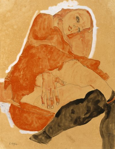 Dívka v červené róbě a černé punčochy od Egon Schiele