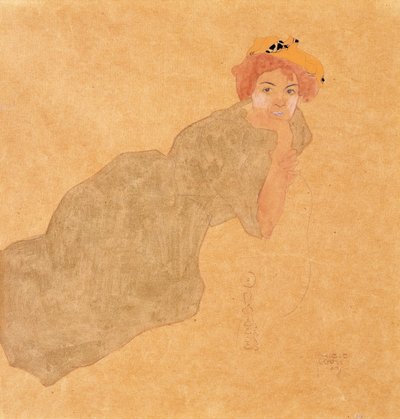 Dívka v olivově barevných šatech s podepřenou paží, 1908 od Egon Schiele