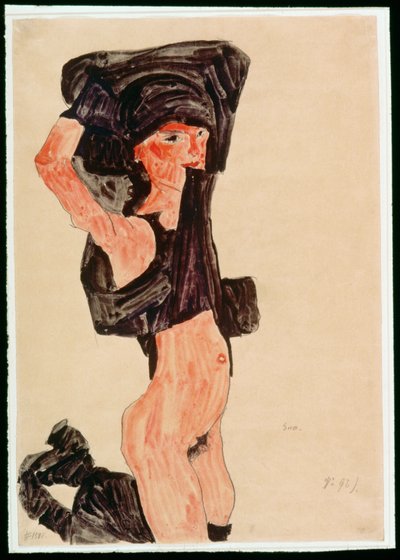 Klečící dívka, svlékající se (kvaš, akvarel a tužka) od Egon Schiele