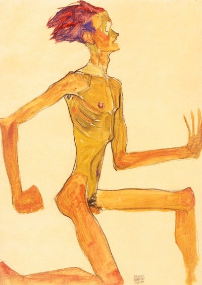 Klečící nahý muž, v profilu vpravo od Egon Schiele