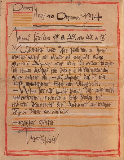 Umělecky navržený dopis Egona Schieleho sestrám Edith a Adele Harmsovým ze dne 10. prosince 1914 od Egon Schiele