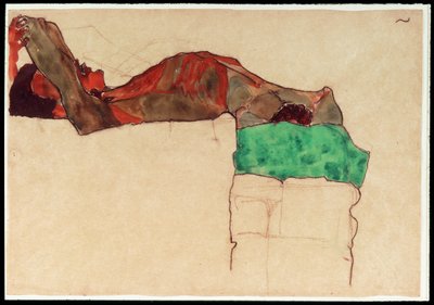 Ležící mužský akt se zelenou látkou [Reclining Male Nude with Green Cloth] (akvarel a uhel) od Egon Schiele