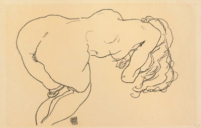Dlouhosrstý akt, nakloněný dopředu, pohled zezadu; Langhaariger Akt, vornubergebeugt, Ruckenansicht, 1918 od Egon Schiele