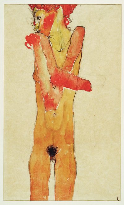 Maedchenakt mit verschraenkten Armen (nahá dívka s ... (akvarel a uhel) od Egon Schiele