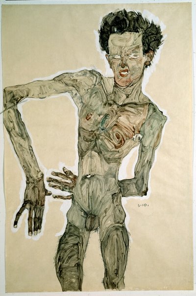 Mužský akt (Autoportrét). Kresba Egona Schieleho (1890-1918), 1910. Tužka, akvarel a tempera na papíře. Rozměr: 55,7 x 36,8 cm. Vídeň, Graphische Sammlung Albertina od Egon Schiele
