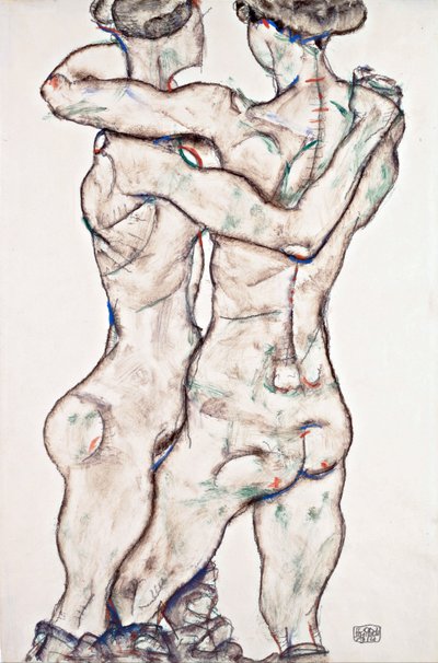 Objímající se nahé dívky - Schiele, Egon (1890-1918) - 1914 - Černá křída, kvaš na papíře - 48x31,2 - Leopold Museum, Vídeň od Egon Schiele