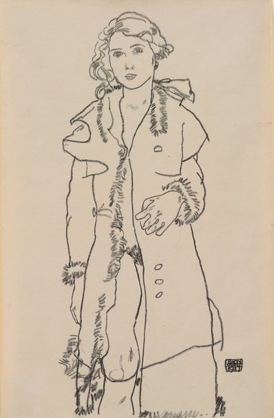 Nahá s kožichem zastřiženým kabátem; Nahá dívka s kožešinovým lemovaným kabátem, 1917 od Egon Schiele