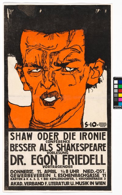 Plakat "Shaw oder die Ironie" - Vortrag Egon Friedell od Egon Schiele