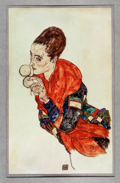 Portrét herečky Margy Boernerové s pudřenkou ... (kvaš a černá pastelka) od Egon Schiele