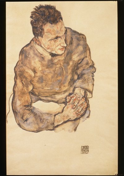Portrét Karla Grünwalda se sepjatýma rukama ... (akvarel a černá pastelka) od Egon Schiele