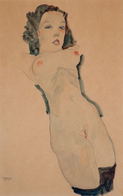 Ležící akt s černými punčochami od Egon Schiele