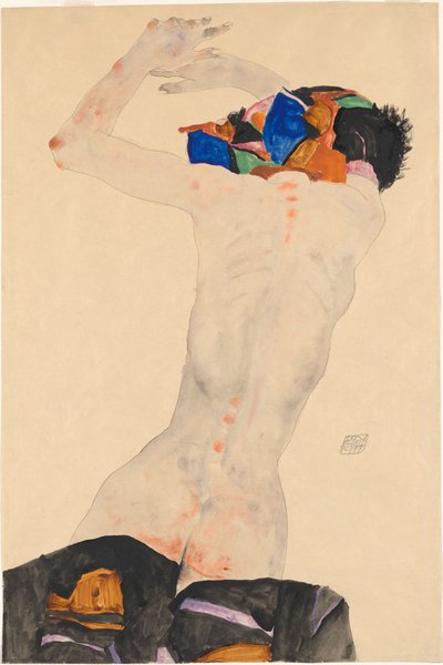 Rückenakt mit buntem Tuch Nude zezadu s barevným hadříkem, 1911. od Egon Schiele