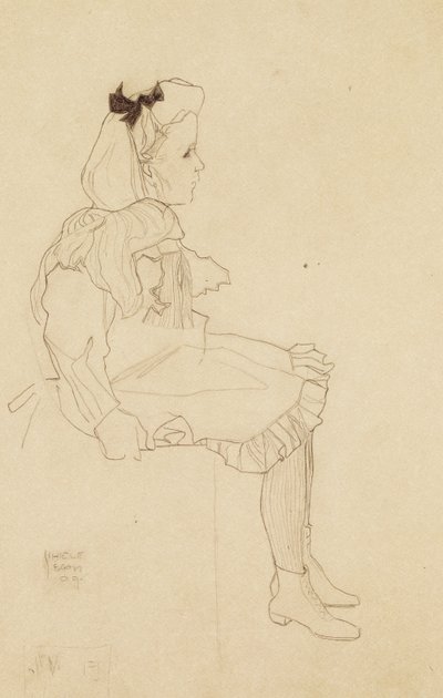 Sedící dívka s mašlí ve vlasech, 1909 od Egon Schiele