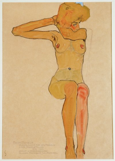 Sedící ženský akt se zdviženou pravou rukou (kvaš, akvarel a černá pastelka) od Egon Schiele