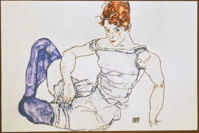 Sedící žena ve fialových punčochách ... (kvaš a černá pastelka) od Egon Schiele