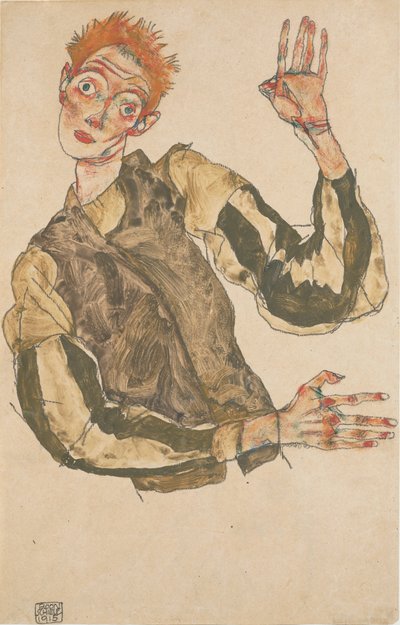 Autoportrét s pruhovanými chrániči rukávů od Egon Schiele