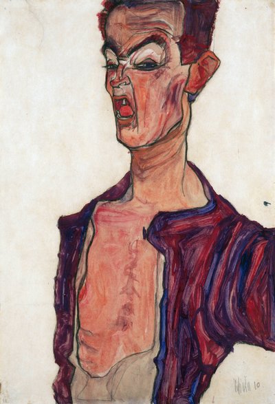 Autoportrét, grimasa - Schiele, Egon (1890-1918) - 1910 - Kvaš na papíře - 45,3x30,7 - Leopoldovo muzeum, Vídeň od Egon Schiele