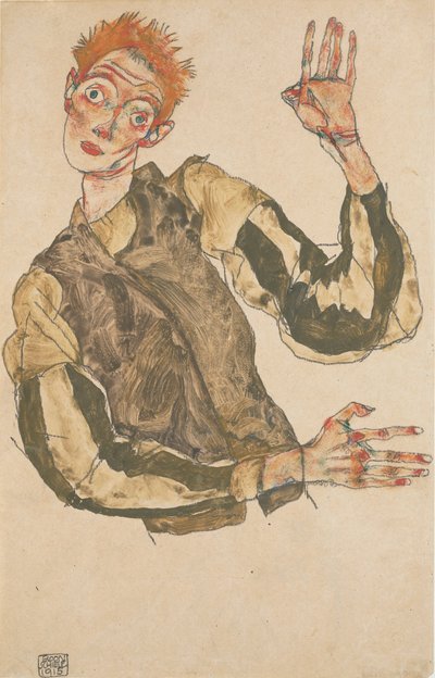 Autoportrét s pruhovanými pažemi, 1915 od Egon Schiele