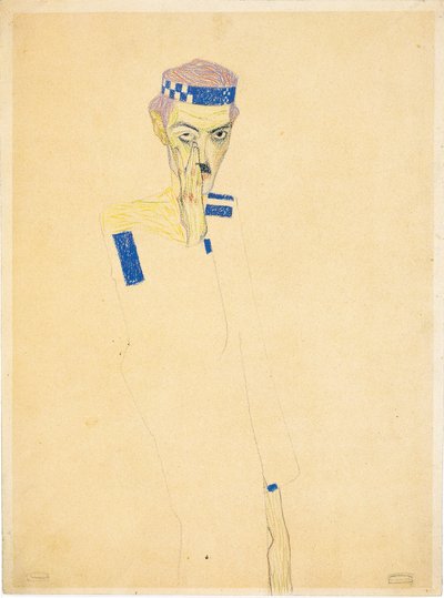 Autoportrét s modrou kostkovanou čelenkou, 1909. od Egon Schiele
