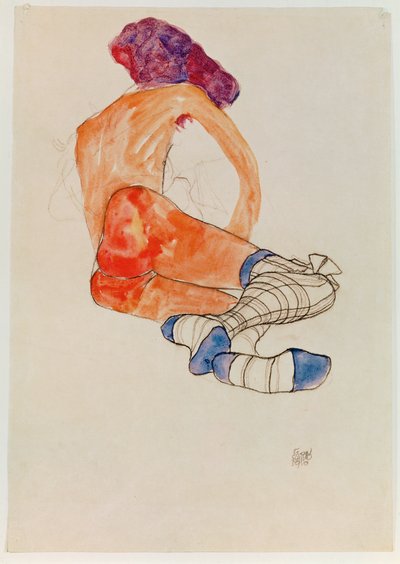 Sedící ženský akt s modrým podvazem, od ... (kvaš, akvarel a uhel) od Egon Schiele