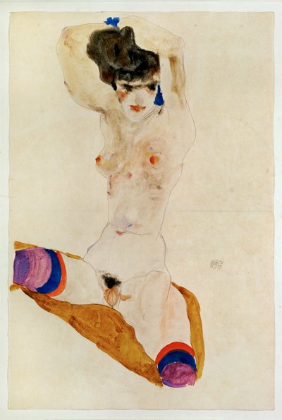 Sedící nahá dívka s hlavou nad hlavou ... (akvarel a tužka) od Egon Schiele