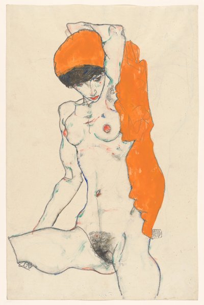 Stehender Akt mit orangefarbenem Tuch (recto): Studie eines Aktes mit erhobenen Armen (verso) od Egon Schiele