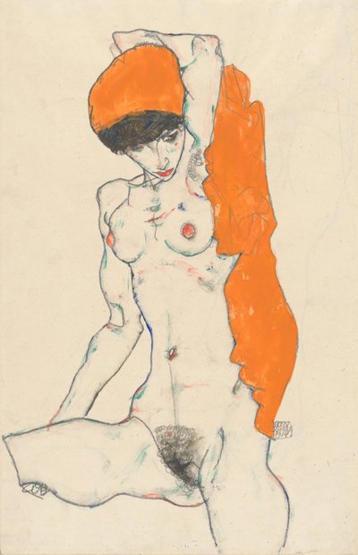 Stojící akt s oranžovým závěsem, 1914 (wc, kvaš a grafit na papíře) od Egon Schiele