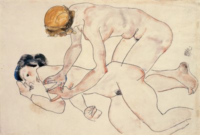 Dva ženské akty, ležící a klečící od Egon Schiele