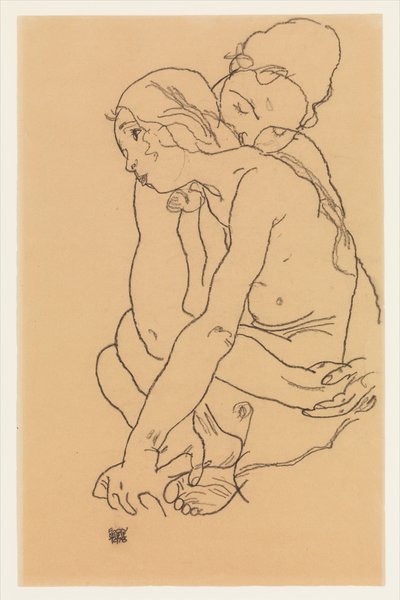 Frau und Mädchen, die sich umarmen od Egon Schiele
